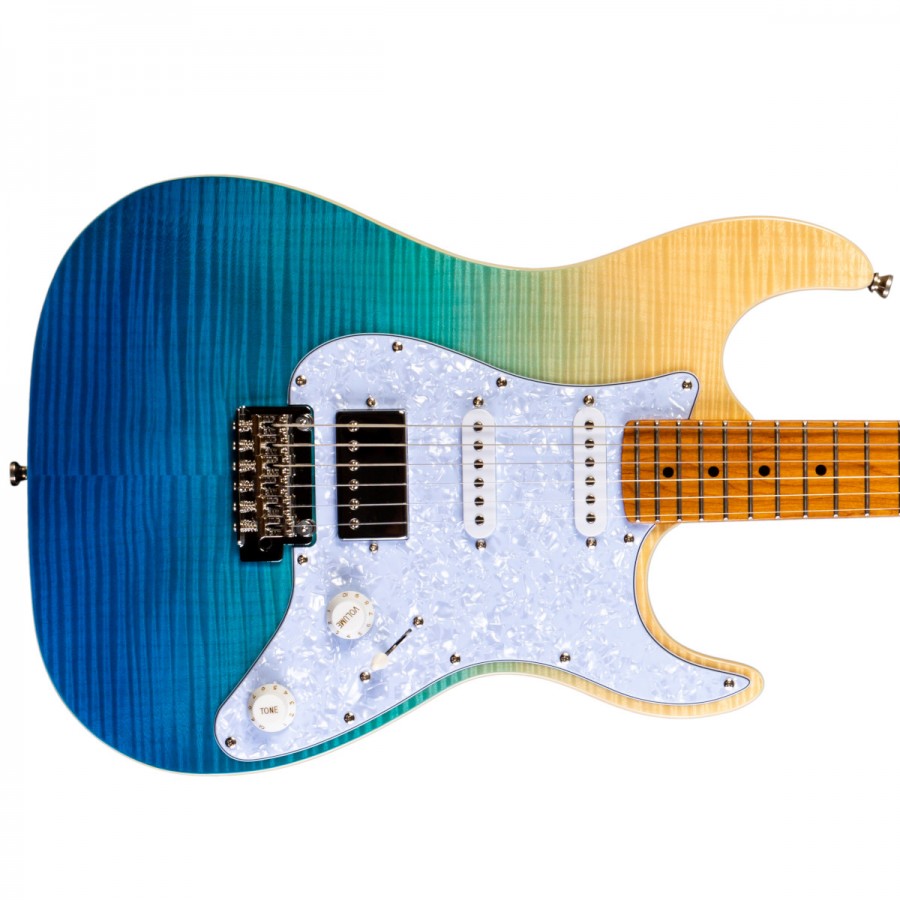 Jet Guitars JS-450 TBL Flame Top / Roasted Maple HSS - Transparent Blue